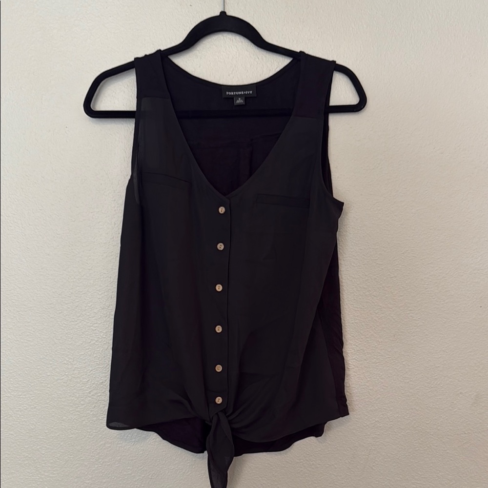 Black Sleeveless Buttoned Tie Front Tank Top